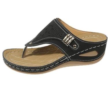 Imagem de Sandálias femininas casuais com suporte de arco e fivela e tira de fivela, chinelos femininos para verão, praia, banheiro, sapatos de couro à prova d'água, Preto, 37