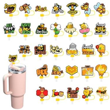 Imagem de Pacote com 30 tampas de palha de abelha para copos, 10 mm fofo coelho ovo de páscoa topo de palha à prova de poeira para garrafas de água Stanley copos acessórios presentes para mulheres lembrancinhas