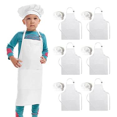 Imagem de Hi loyaya Pacote com 6 Aventais infantis ajustáveis e chapéu de chef para arte de pintura de cozimento, avental infantil para meninas e meninos com 2 bolsos, Branco, M