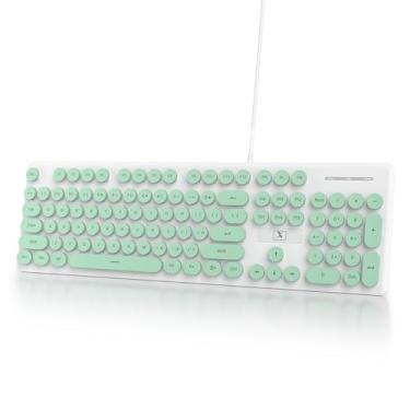 Imagem de Ussixchare Teclado de computador retrô com fio, teclado de máquina de escrever silencioso, teclados verdes fofos iluminados com teclas redondas, retroiluminação LED, 104 teclas para PC, laptop (verde)