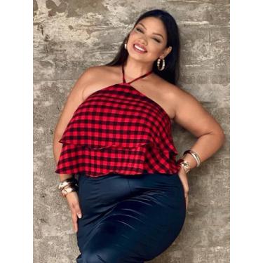 Imagem de Blusa Feminina Xadrez Soltinha Frente Única Cropped Alça Ajustável Cas