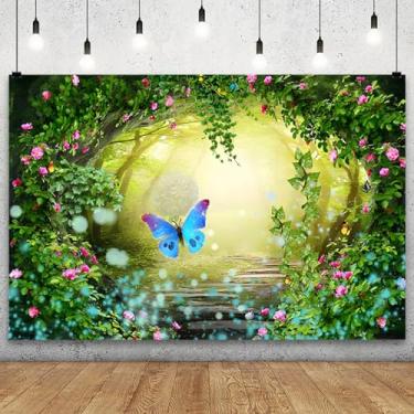 Imagem de YongFoto 3,7 x 2,4 m, cenário de floresta de primavera, jardim encantado, flores rosas, folhas, conto de fadas, borboleta, floresta enevoada, selva, foto de fundo para chá de bebê, menina, festa de