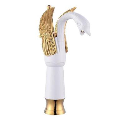 Imagem de Torneira de pia de banheiro em forma de cisne de latão antigo torneira misturadora estilo tradicional com um furo montada no convés, branco dourado alto (branco dourado alto)