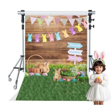 Imagem de Cenários de fotografia de páscoa de 2,4 m x 1,8 m, ovos de madeira, grama verde, fundo de fotografia bokeh colorido, decoração floral de coelho, pano de fundo de foto de Páscoa para chá de bebê infantil