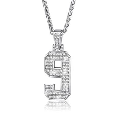 Imagem de GOLDCHIC JEWELRY Colar com números para homens, colar de corrente com números brilhantes hip hop simulado com pingente de diamante com corrente de tênis corrente Spiga, 56+5cm(22''+2''), Banhado a platina, Zircão