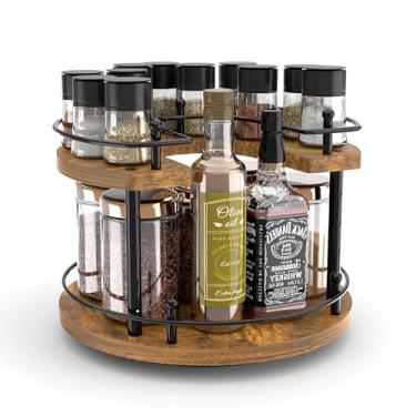 Imagem de Isamant Organizador Lazy Susan de 2 níveis, suporte giratório ajustável para armário de cozinha, mesa giratória de 30,5 cm, mesa de jantar rústica marrom