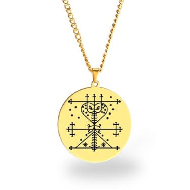 Imagem de Colar Vevê Vodu – Pingente com Símbolos dos Lwas em Aço Inoxidável (Prata, Ouro ou Preto) • Amuleto Espiritual Afro-Caribenho de Proteção, Magia e Fé (Maman Brigitte, Dourado)
