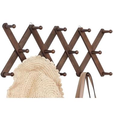 Imagem de Optish Cabide de parede sanfonado com 14 pinos, suporte de parede expansível, suporte de chapéu de madeira para parede, cabides de chapéu para pendurar casaco, bolsa, caneca (nogueira)