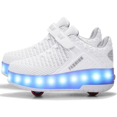 Imagem de Aikuass USB Carregável LED Light Up tênis de skate com rodas para meninos e meninas, 1- White- Double Wheels, 6 Big Kid