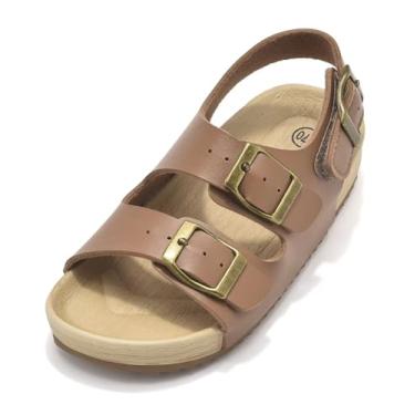 Imagem de Sandália para meninas e meninos, ajustável, com fivela dupla, casual, bico aberto, leve, para o verão, para crianças pequenas e grandes, Marrom, 15