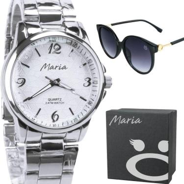 Imagem de Relogio Feminino Aço Prata + Caixa + Oculos Protecao Uv Analogico Qualidade Premium Presente Social