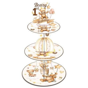 Imagem de Keluna Decorações de festa de aniversário de urso – Decorações de primeiro aniversário de urso, suporte de sobremesa, suporte de cupcake de urso marrom de 3 camadas, enfeite de cupcake para chá de