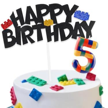 Imagem de Building Block Cake Decorations with Happy 5th Birthday Cake Toppers and Birthday Candles Number 5, Building Block Birthday Party Deco for Kids