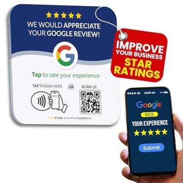Imagem de Placa Tap Google Review da TapFive – Toque para avaliações instantâneas – Compatível com todos os telefones – Reutilizável Smart Tap NFC e QR – 10 cm x 10 cm – DigiFeel & Zappy Fast – Adesivo 3M para