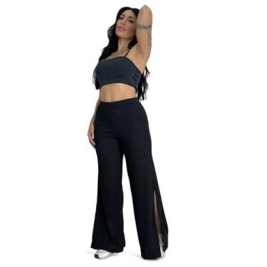 Imagem de Calça Feminina Wide Leg Pantalona Cintura Alta Tecido Canelado com Fen