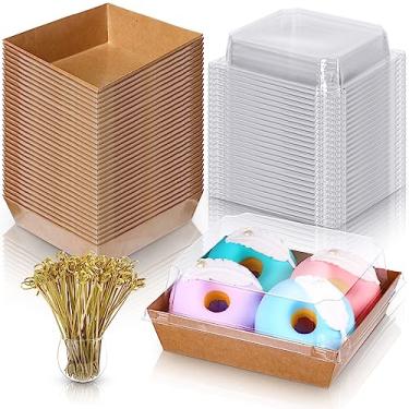 Imagem de Mumufy 200 Caixas De Papel Para Charcutaria Com Tampas Transparentes, 100 Recipientes Descartáveis Marrons Alimentos, Espetos Bambu, Bolos Quadrados Confeitaria, Sobremesas, Biscoitos, Saladas, Sand