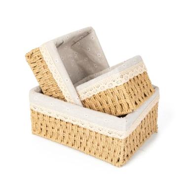 Imagem de Cestas de vime para organização, conjunto de cestas de armazenamento de corda de papel natural, grande, média e pequena, organizador de despensa tecido à mão, presentes de aniversário para mulheres