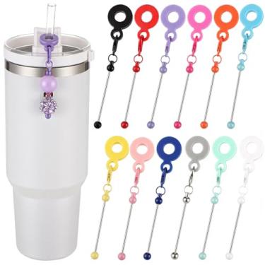 Imagem de Sayglossy 12 peças de berloque de copo com contas em barra em branco compatível com Stanley DIY adaptadores de palha com contas pingente ornamento serve para canudos padrão (várias cores)
