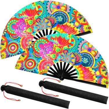 Imagem de Boao 2 peças de leques grandes dobráveis de seda para mãos chinesas de mão com brilho UV Tai Ji para homens e mulheres para festivais, dança de linha, kungfu, arte marcial, festa de festival de música