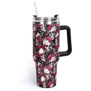 Imagem de Whaline Copo de Dia das Bruxas de 1,134 g com alça e tampa Copo floral de viagem de caveira para lembrancinhas de festa de aniversário