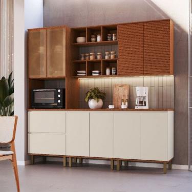 Imagem de Cozinha Completa Vermont 8 Portas 2 Gavetas 100% Mdf Ripado com Vidro Off White/Canela - Pnr Móveis