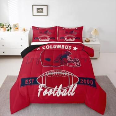 Imagem de Jogo de cama queen com estampa de futebol americano, capacete de rúgbi, para decoração de quarto de crianças, meninos, adolescentes, futebol, cidade, edredom esportivo, jogo de bola, 2 fronhas