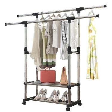 Imagem de Arara Dupla Inox Sapateira Cabideiro 2 Prateleiras Extensivel Organizador Roupa Com Rodinhas Guarda Roupa