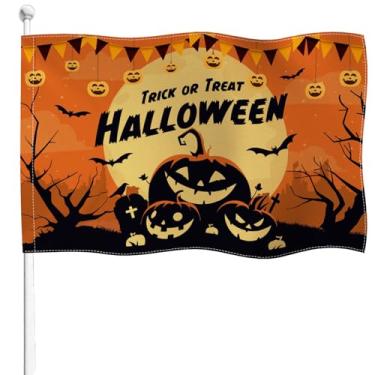 Imagem de YongFoto Bandeira do Dia das Bruxas, 0,9 x 1,5 m, dupla face, estopa ou travessura, assustador, mau, abóbora, lanterna, lápide cruz, quatro lados, costurada, cor viva, durável, resistente ao
