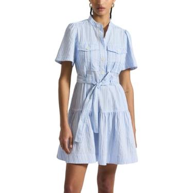 Imagem de Derek Lam 10 Crosby Vestido feminino de manga curta com listras Clynton Pintuck, Celestine/branco, 46
