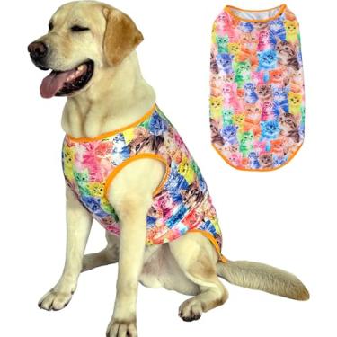 Imagem de Camiseta de cachorro sem mangas com estampa de gato para cães, camisa, pijama, respirável, elástica, roupas de verão para animais de estimação grandes, meninos e meninas (grande, laranja)
