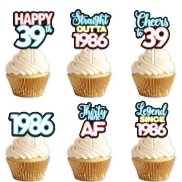 Imagem de 18 peças de topper de cupcake de sobremesa com glitter azul para Straight Outta 1986 Legend Since 1986 suprimentos de decoração temática homens felizes decorações de festa de 39 anos