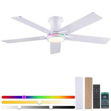 Imagem de Goniyado Ventiladores de teto RGB de baixo perfil com luzes e controle remoto, ventiladores de teto brancos de 132 cm com motor CC reversível silencioso, luz de LED regulável para ventilador de teto