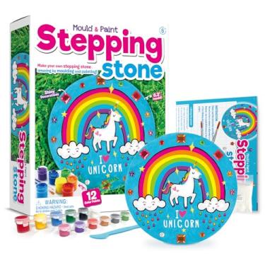 Imagem de EDUMAN Kit de pintura de pedra para crianças, molde DIY e pintura de jardim, kit de artesanato com 12 cores e molde, faça sua própria arte de pedra de cimento, presente STEM para meninos e meninas 6 7