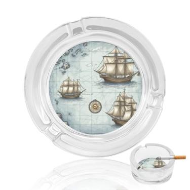 Imagem de Cinzeiro de vidro de cristal para mapa de barco, cinzeiro redondo de vidro resistente para fumar, portátil, decorativo, moderno, cinzeiro para uso em casa, escritório, interior, exterior, pátio