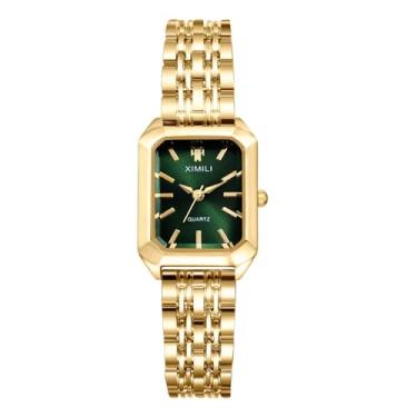Imagem de JewelryWe Relógio feminino quadrado de quartzo: Relógio feminino de quartzo analógico dourado com pulseira destacável para o Natal, Verde, Adjustable