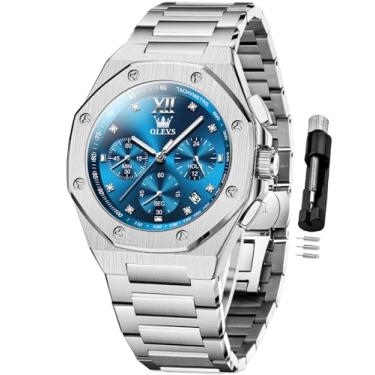 Imagem de OLEVS Relógio masculino para negócios, diamante, fácil leitura, analógico, luxuoso, data, aço inoxidável, à prova d'água, luminoso, relógio masculino, 3626 prata azul, 3626-silver blue, relógio