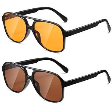 Imagem de MASDUN Óculos de sol retrô quadrado aviador feminino masculino anos 70 elegante vintage ponte dupla, Preto/amarelo + preto/marrom, 55mm