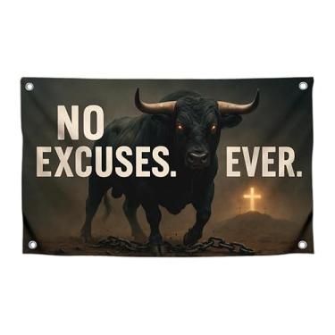 Imagem de Bandeiras de 9,5 x 1,5 m, touro preto maciço com citação "No Excuses. Ever." para esportes de quarto com quatro ilhós de latão - Decoração de tapeçaria de parede de animais grandes de um lado - Pôster