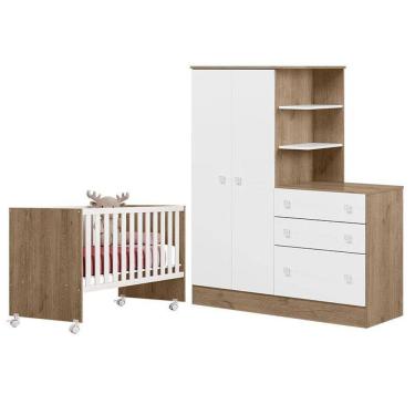 Imagem de Berço Nacional 3540 e Guarda Roupa com Cômoda 4070 Doce Sonho Carvalho Rústico TOQ Branco - Qmovi