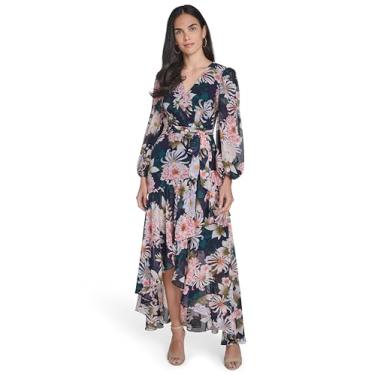 Imagem de Eliza J Vestido longo feminino manga 3/4 gola V, Azul-marinho multi, 42