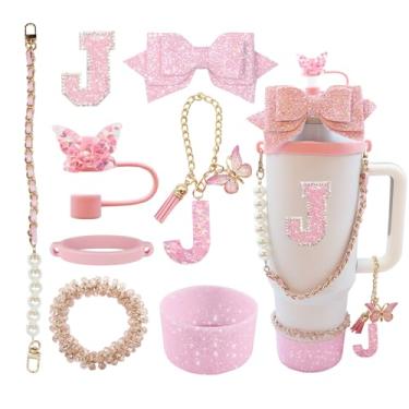 Imagem de Conjunto de 8 peças de acessórios para copo Stanley de 30 e 1,4 l com alça, incluindo topo de palha, bota, alça de alça de garrafa de água, decoração de arco de palha, pulseiras, pingente de letra