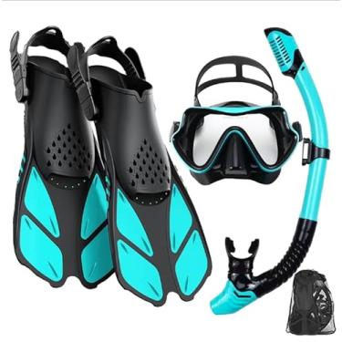Imagem de Conjunto de Snorkel com Máscara Panorâmica, Tubo Respirador Seco, Nadadeiras Ajustáveis e Bolsa de Transporte. (Verde-Preto, Grande)