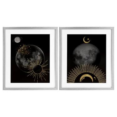 Imagem de Stupell Industries Conjunto de impressão emoldurada cinza celestial Gold Sun and Moon 2 peças por Daniela Santiago, 40 x 33