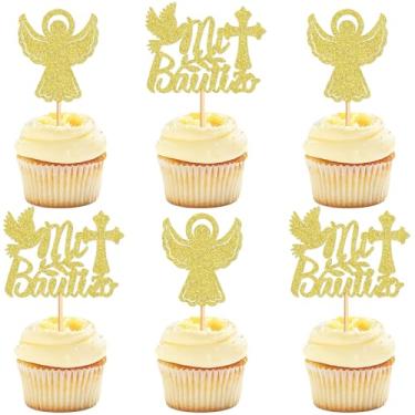 Imagem de Ercadio 24 Pack Mi Bautizo Cupcake Toppers Glitter Gold Cross Angel Dove Religious Cake Picks Baptism Theme Baby Shower Kids Birthday Party Supplies