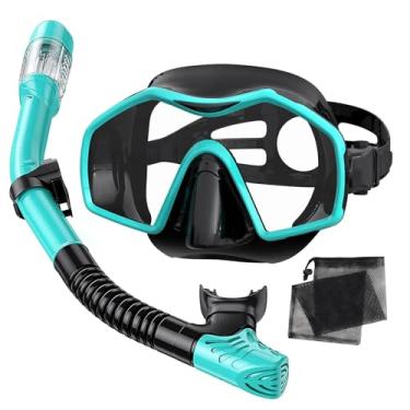 Imagem de Keephigher Equipamento de mergulho para adultos, conjunto de máscara de snorkel Dry-Top com vidro temperado, máscara de natação panorâmica antiembaçamento e anti-vazamento, kit de snorkel ajustável