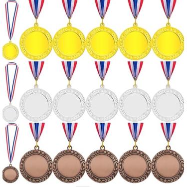 Imagem de Waltool 15 peças 1ª 2ª 3ª Medalhas de Prêmio em Branco com Fitas de Pescoço, Ouro Prata Bronze Participação Vencedor Troféu Metal Prêmio Presente Seu Próprio Kit de Medalhas para Competições