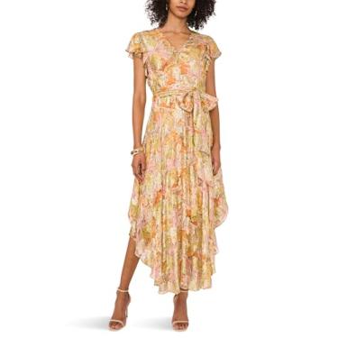 Imagem de Vince Camuto Vestido longo feminino com gola V e botão e manga esvoaçante, Laranja amassada, M