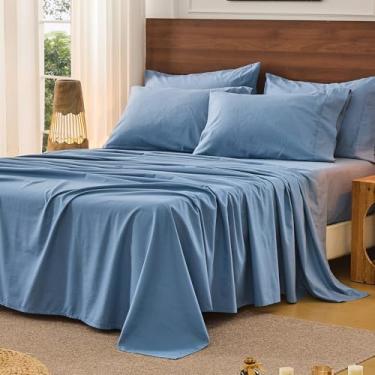 Imagem de Bedlifes Jogo de lençol 100% linho puro francês California King Size respirável e refrescante macio, durável e absorvente de umidade, bolso profundo de 40,6 cm - 4 peças (Cal King, azul sílex)