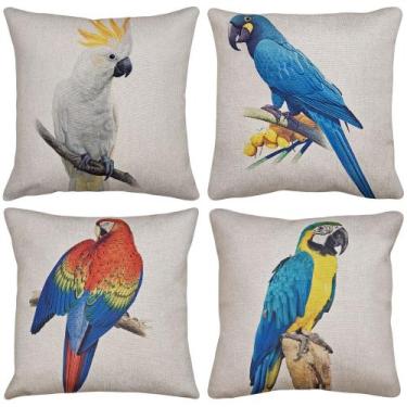 Imagem de Kit 4 Capas Para Almofada Linho Passaros Arara Cacatua 43X43 - M3 Deco