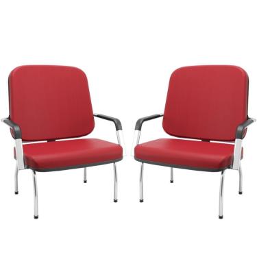 Imagem de Kit 02 Cadeiras De Escritório Recepção Com Braço Fixa Cromada Magno P03 Vinil Vermelho - Lyam Decor